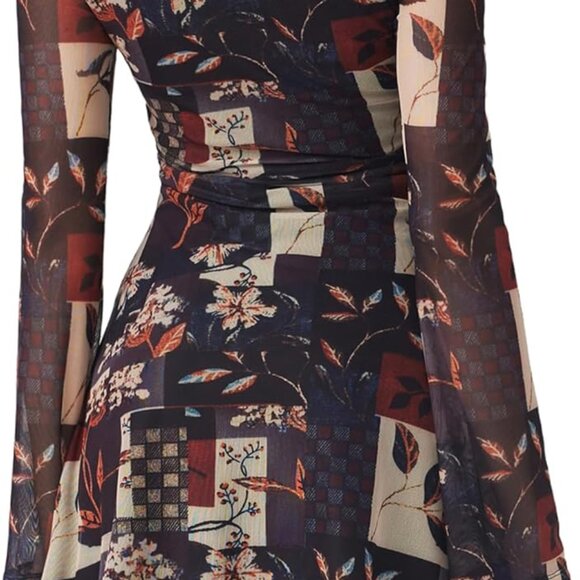 Women's Floral Mesh Mini Dress X-Large Bell Sleeves Casual Party Going Out - Picture 5 of 7